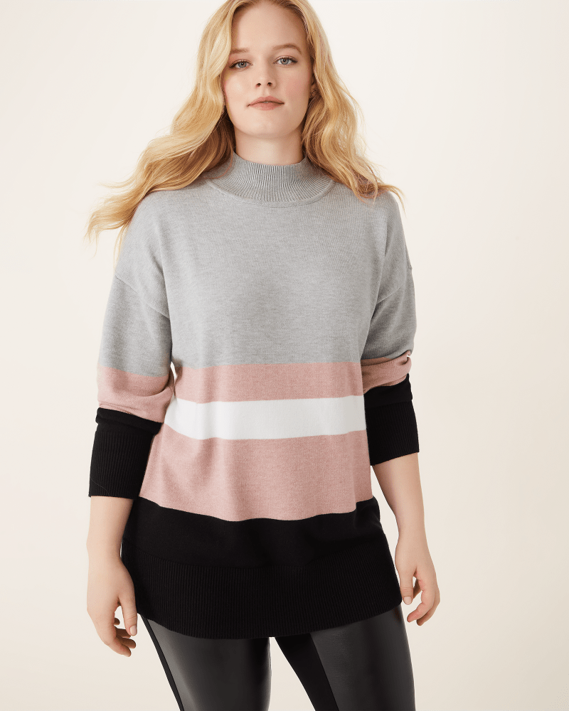 Front of plus size Claudine Striped Mock-Neck Sweater by Meri Skye | Dia&Co | dia_product_style_image_id:175582